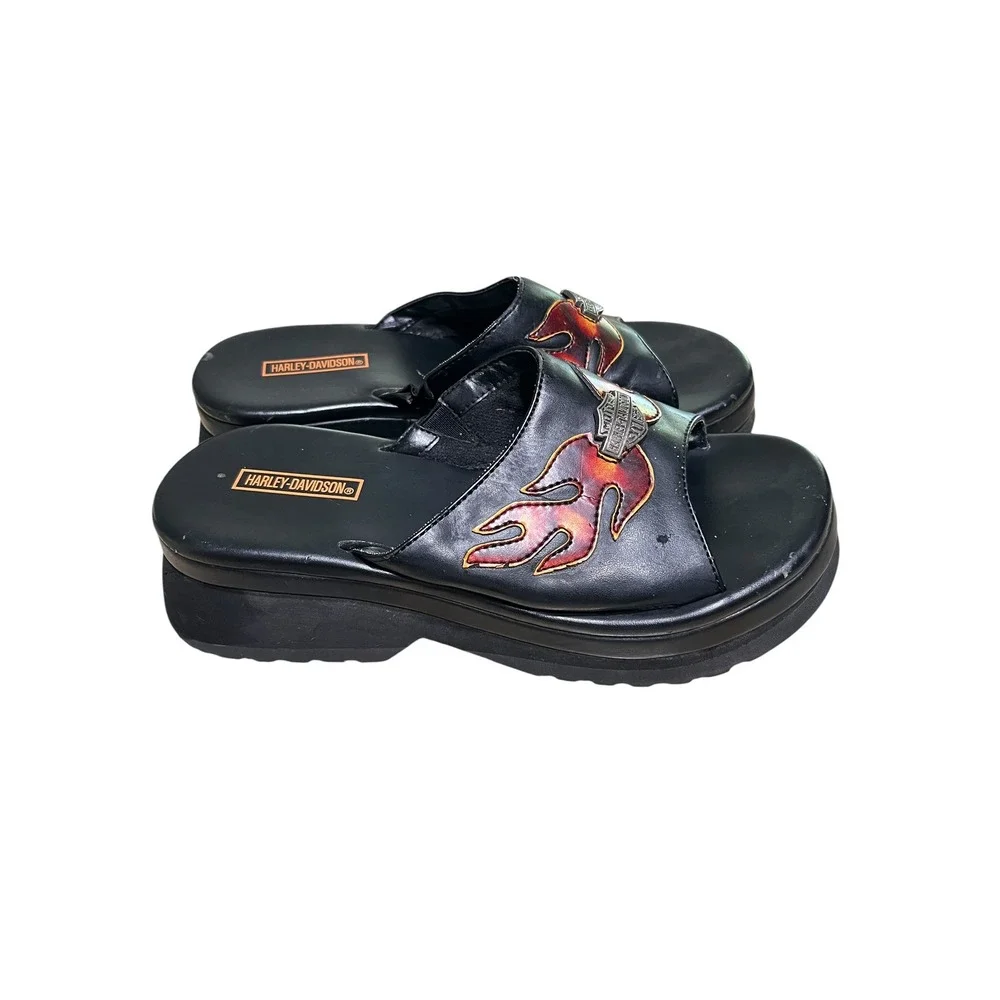 Vintage 90s HARLEY DAVIDSON Platform Sandals Slides 7 Black Flame Biker Goth Y2K